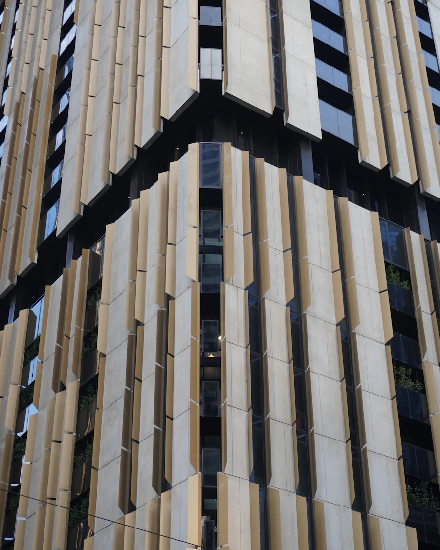 Vertical fins on the facade of a tall building